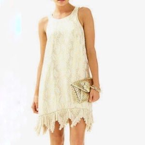 Lilly Pulitzer Dress Marquette Shift Gold Metallic Silk Leaf Jacquard Sz M EUC